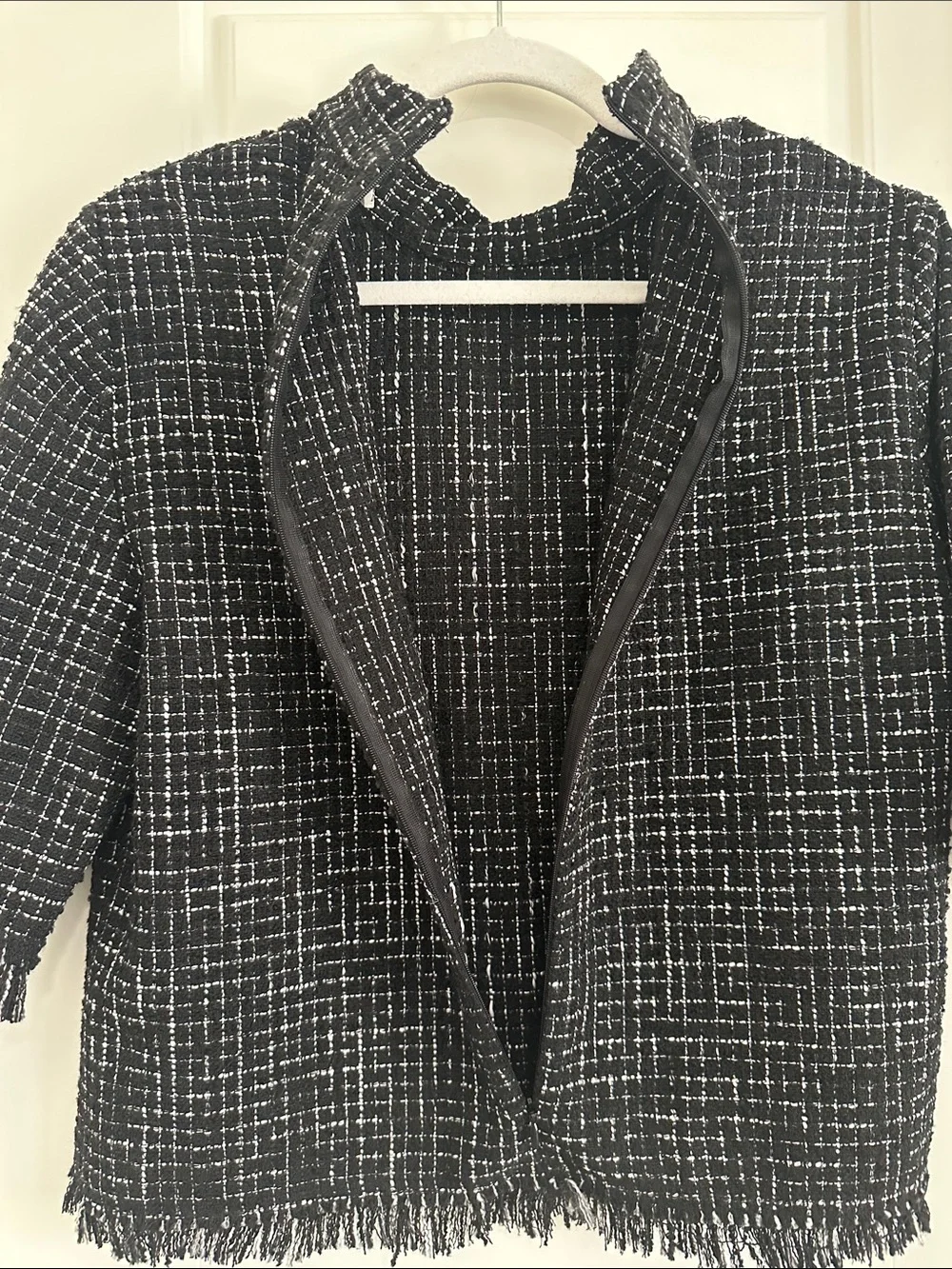ZARA Black White Frayed Textured Tweed Plaid Short Sleeve Blouse Top L